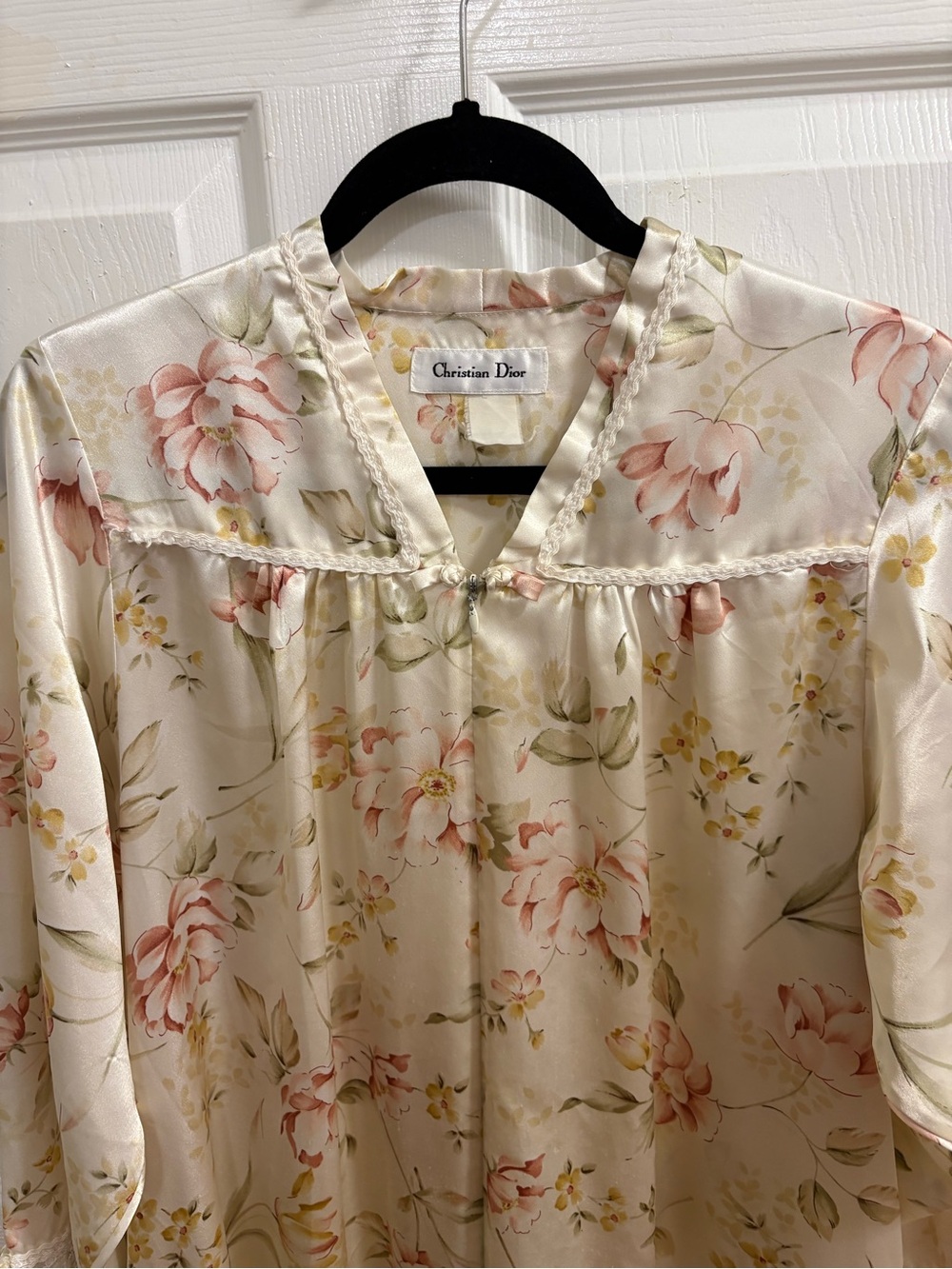 vintage Christian Dior cream and pink floral satin zip-front maxi lounge dress